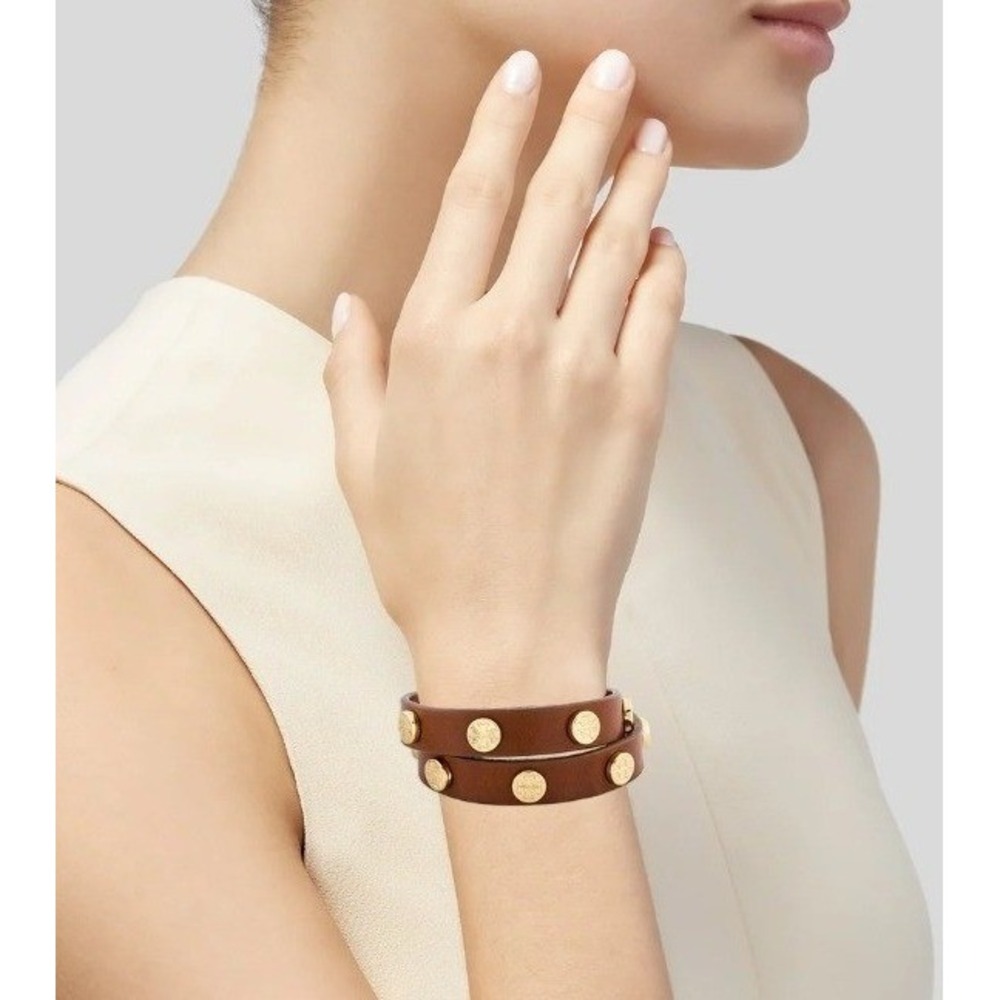 Tory Burch Brown Leather Double Wrap Bracelet Gold Logo Studs Adjustable